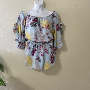 UMGEE Romper Womens sz. M Off Shoulder pale blue tropical floral w Pockets